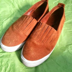 Tan suede slip ons